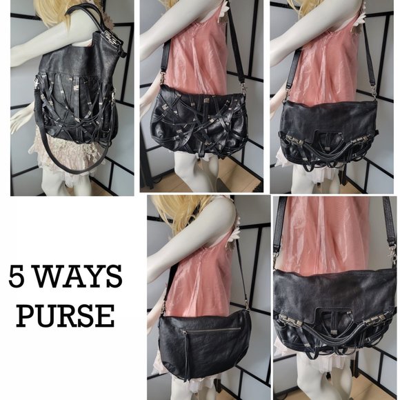 Foley + Corinna Handbags - FOLEY & CORINNA BLACK FOLD OVER 5 WAY LEATHER TOTE